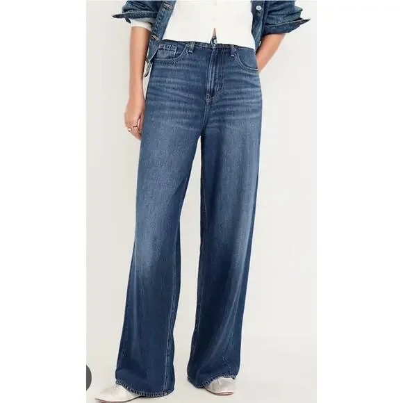 5105) Old Navy 10 Tall Hi Rise Baggy Wide Leg Drapey Denim Mediums Wash - Picture 1 of 9